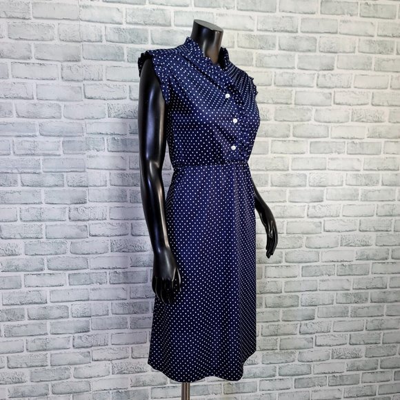 Vintage 70s Avon Fashion S Navy White Polka Dot Ruffle Sleeveless Sheath Dress - Picture 6 of 10